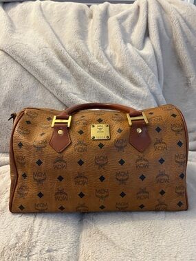 MCM Cognac Visetos Logo Boston Bag with Gold Hardware
